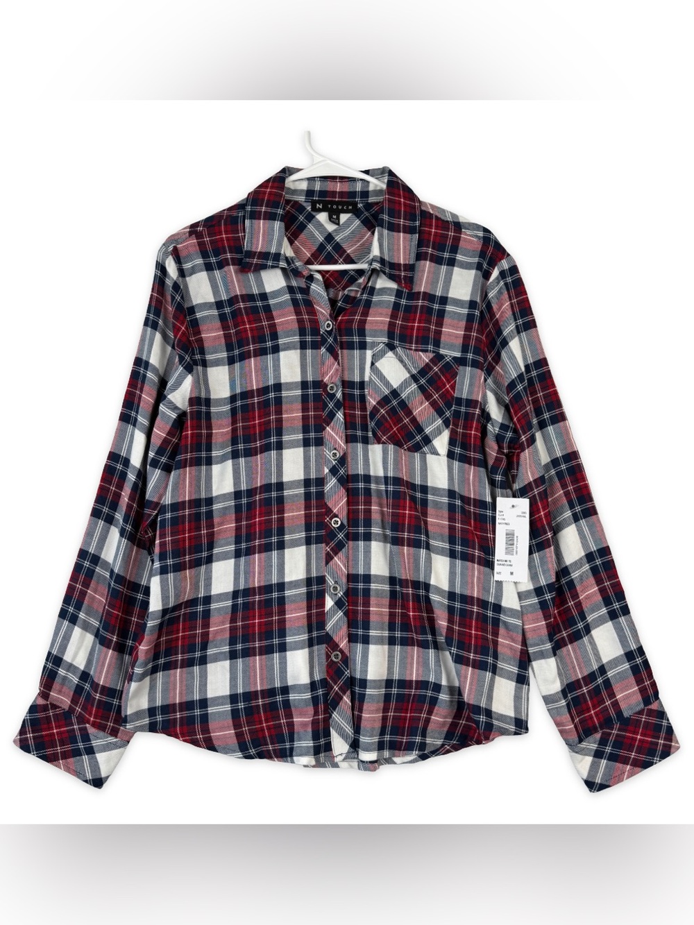 N Touch Button‎ Down Shirt Womens M Medium Navy Red Plaid Roll Tab Sleeves NWT